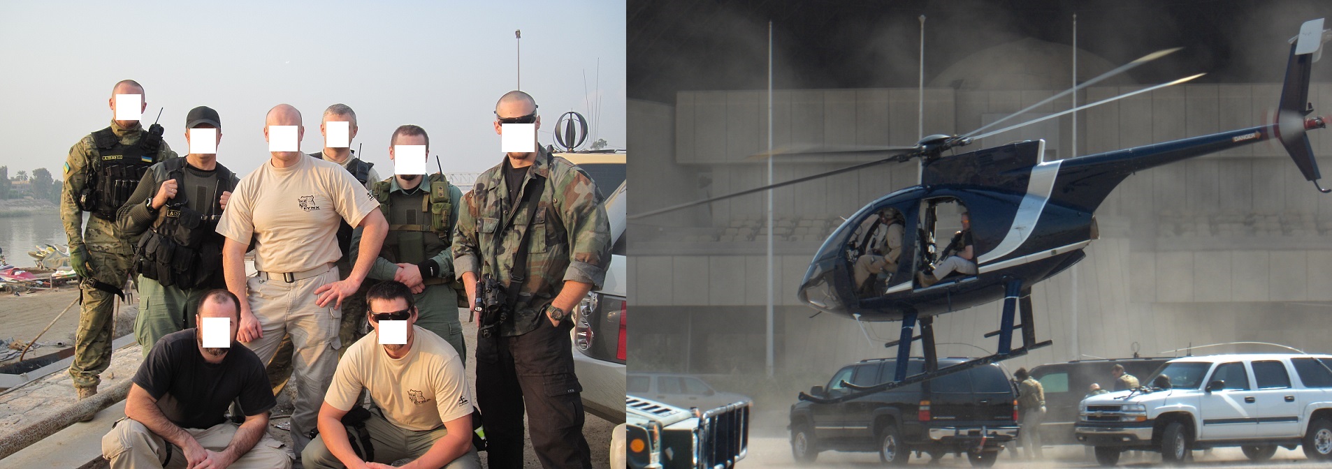 Зліва - бійці коаліційних сил в Іраку, праворуч - найманці приватної військової компанії Backwater на гелікоптері, всі в тактичних штанах 5.11 Tactical та інших