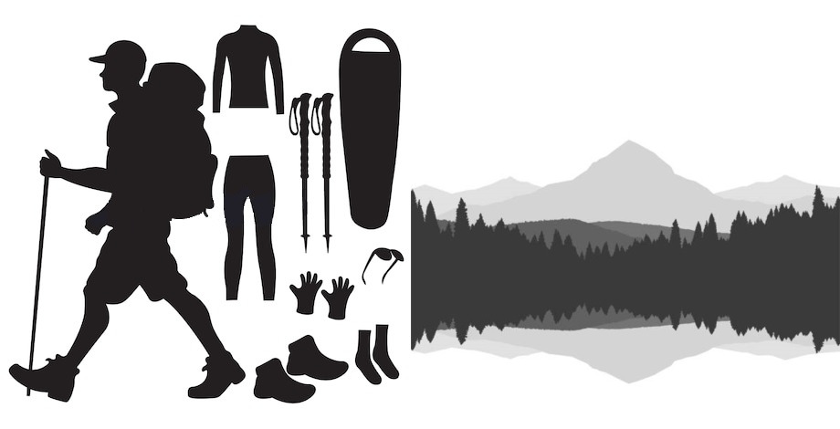 Графический рисунок: путешественник, туристическое снаряжение, лес, озеро, горы