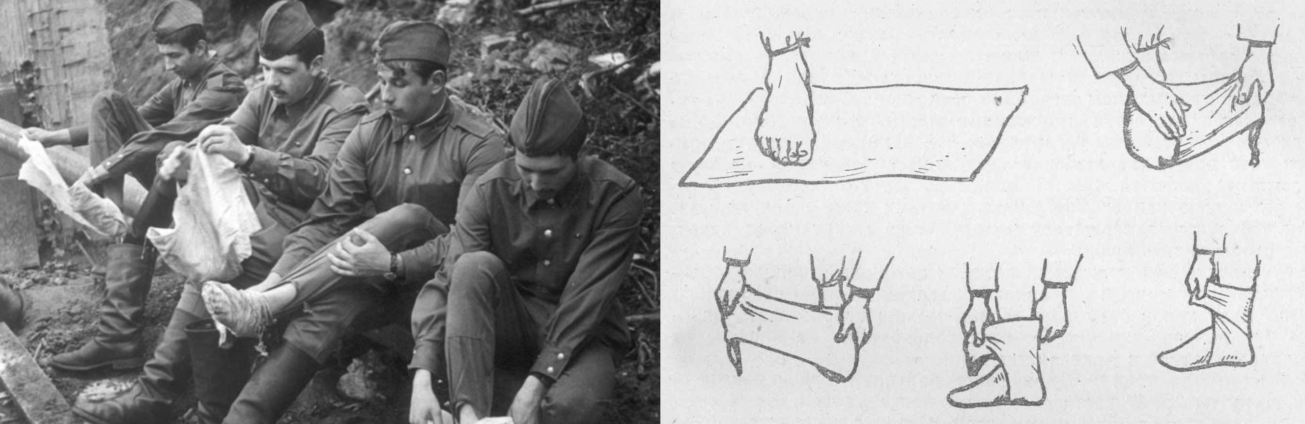 Солдати РККА одягають на ноги онучі, які були прообразом шкарпеток