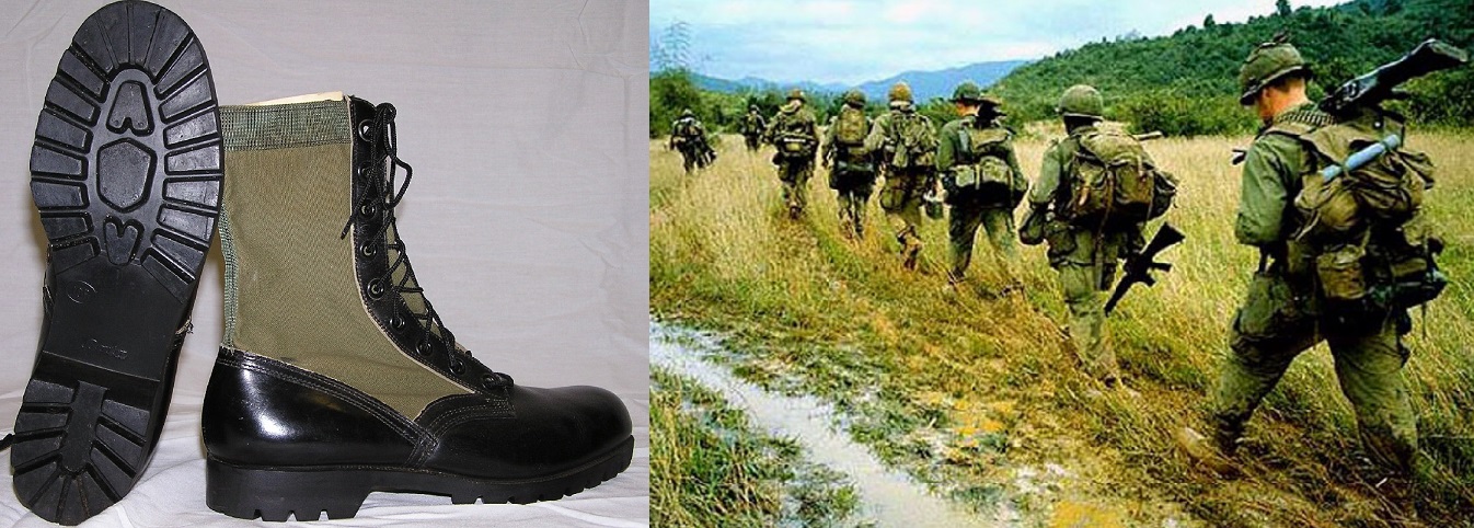 Ботинки Jungle Boots американской армии во время Вьетнамской кампании. Элементы из конваса быстро сохнут, характерен рисунок самоочищающегося протектора. Документальное фото американских военных во Вьетнаме.