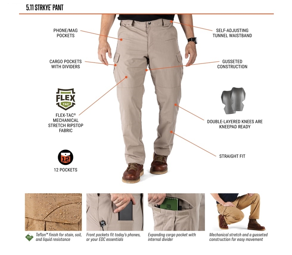 Tactical pants "5.11 Tactical Strike", a popular option for police, security guards, shooters, tourists and all lovers of reliable and comfortable clothing.