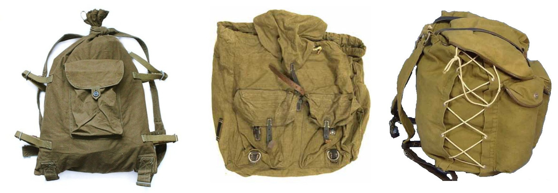 Радянські рюкзаки «Сидор», «Колобок», «Рюкзак Ярова». Також без поясної лямки, жорсткої спинки та блискавок. Широко використовувалися в армії, туризмі й повсякденному житті.