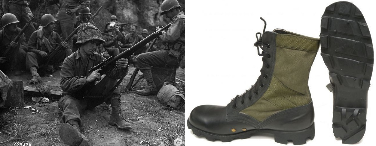 U.S. Army Jungle Boots during the Vietnam campaign. Convas elements are quick-drying, characterized by the self-cleaning tread pattern. Documentary photo of the U.S. military in Vietnam.